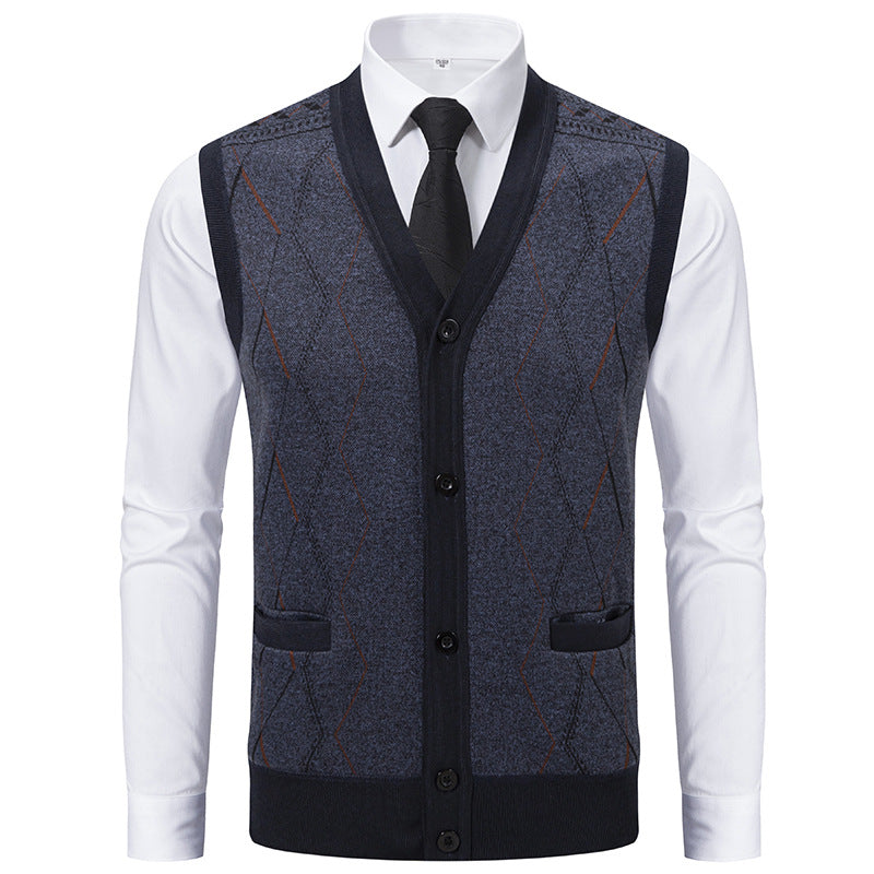 Herren Ärmellose Strickweste mit Rauten‑Muster, V‑Ausschnitt und Knopfleiste Nord Taschen