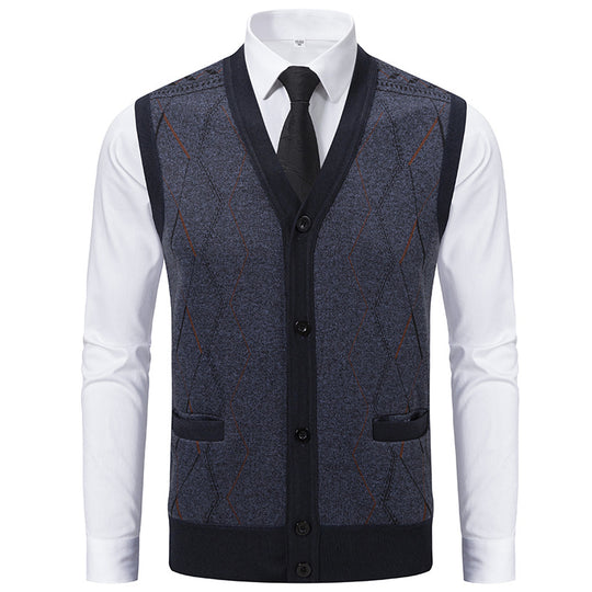 Herren Ärmellose Strickweste mit Rauten‑Muster, V‑Ausschnitt und Knopfleiste Nord Taschen