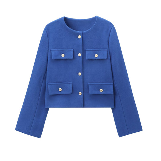 Damen Bouclé-Cropped-Jacke mit vier Pattentaschen und goldenen Schmuckknöpfen Nord Taschen