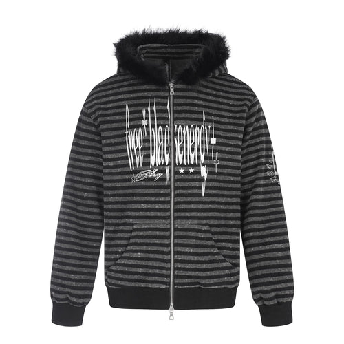 Unisex Kapuzenzipjacke mit Kunstfellbesatz, Streifenmuster und Frontprint Nord Taschen