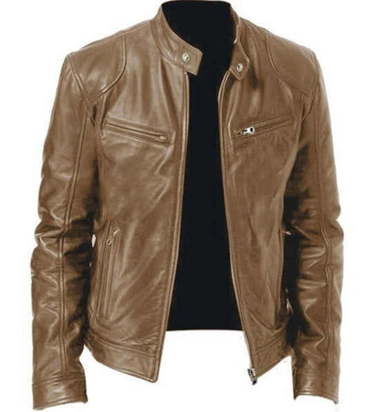 Herren vintage-inspirierte Lederjacke im Bikerstil mit Stehkragen und sichtbaren Reißverschlüssen Nord Taschen