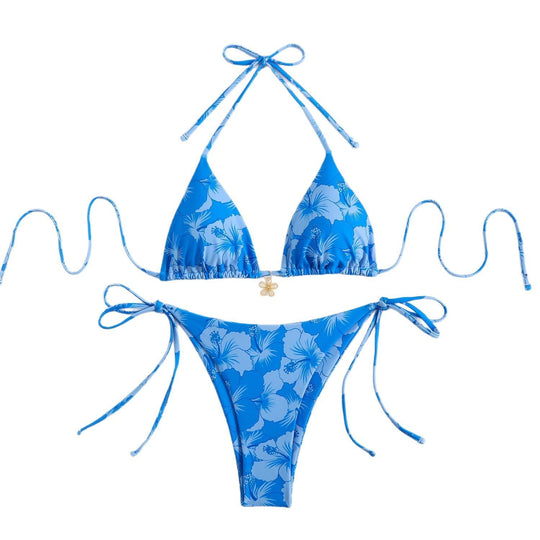 Damen Triangel-Bikini-Set mit floralem Design und verspielten BindNord Taschenändern