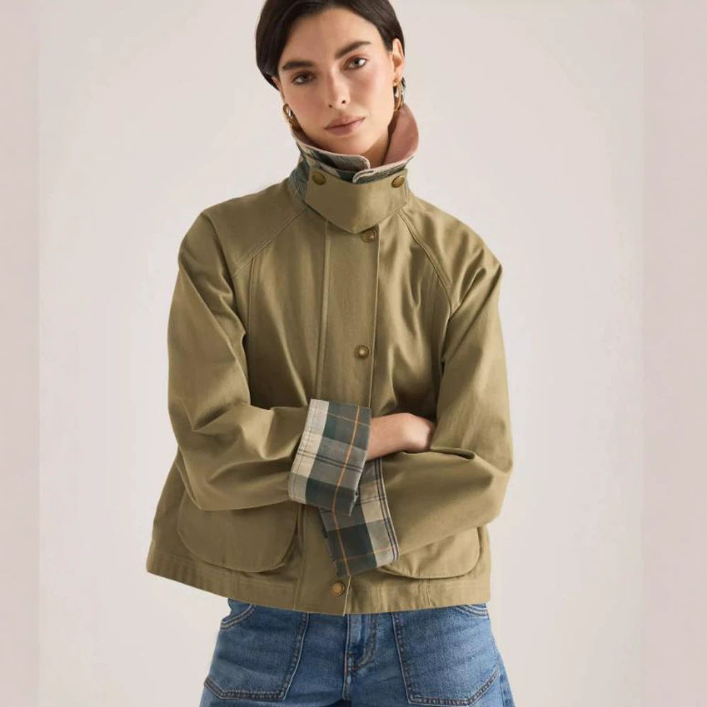 Damen Übergangsjacke mit Cordkragen, Karo-Innenmanschetten und aufgesetzten Taschen Nord Taschen