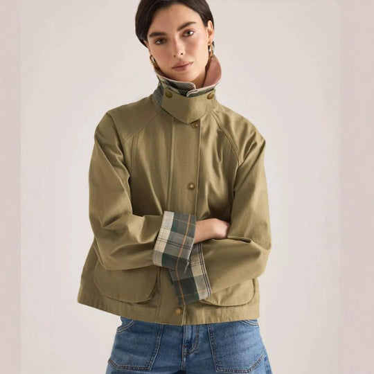 Damen Übergangsjacke mit Cordkragen, Karo-Innenmanschetten und aufgesetzten Taschen Nord Taschen