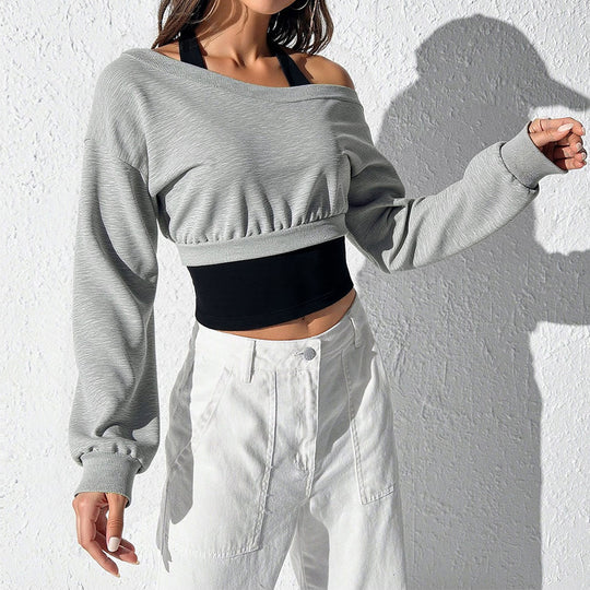 Damen cropped Sweatshirt mit weitem Carmen‑Ausschnitt, ballonärmeln und gerafftem Bund Nord Taschen