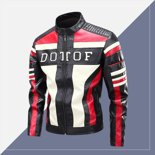 Herren Racing-Lederimitat-Bikerjacke mit Stehkragen, gesteppter Schulterpartie & Kontrast-Colourblocking Nord Taschen