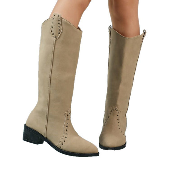 Damen kniehohe Veloursleder-Stiefel mit dekorativer Lochstanzung und mittlerem Blockabsatz Nord Taschen