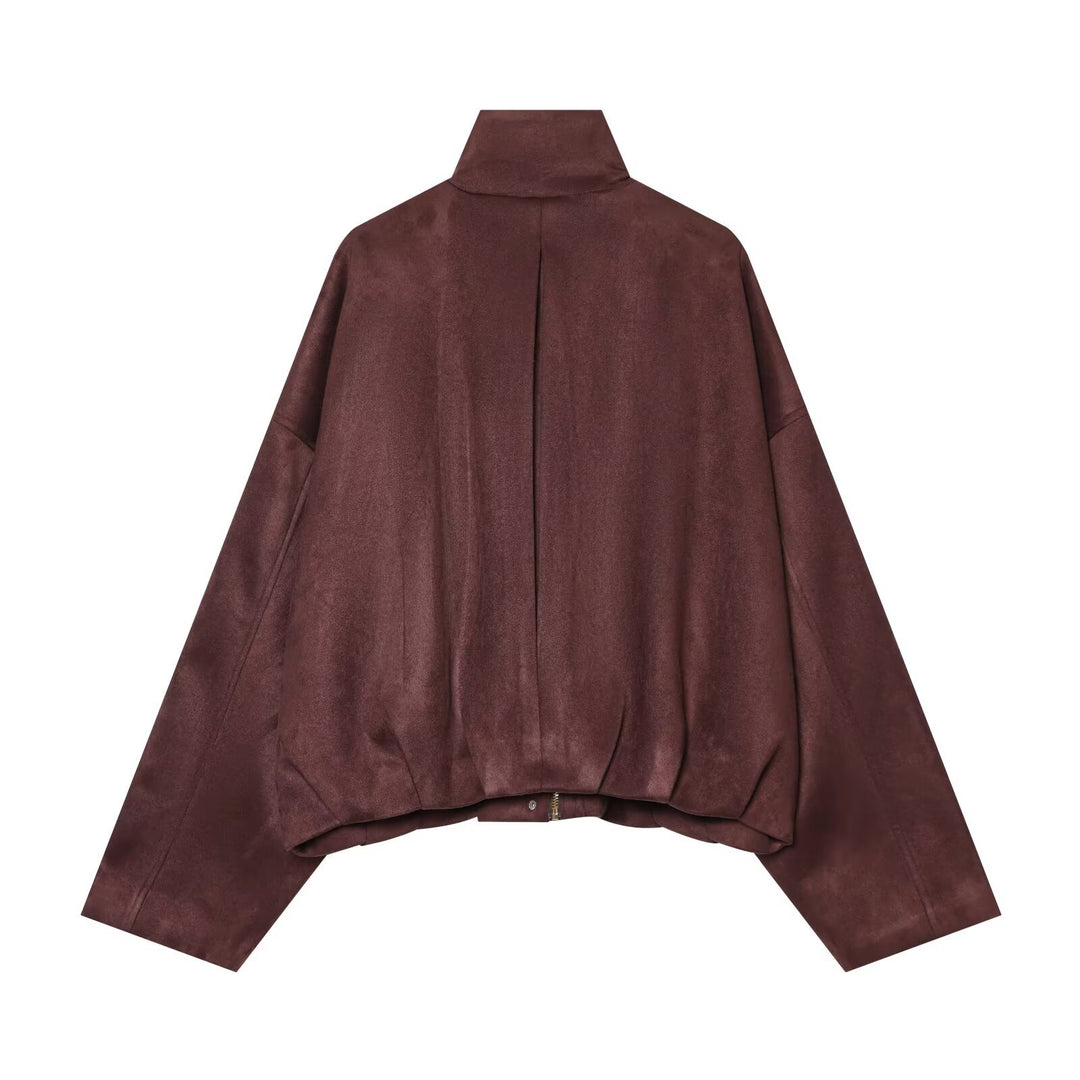 Damen Kurze Boxy-Jacke in Wildlederoptik mit Funnelkragen und Pattentaschen Nord Taschen