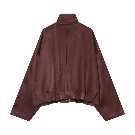 Damen Kurze Boxy-Jacke in Wildlederoptik mit Funnelkragen und Pattentaschen Nord Taschen