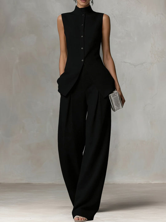 Damen Ärmelloser Leinen-Jumpsuit mit Stehkragen und weitem Bein Nord Taschen