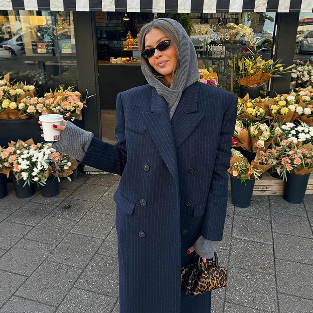 Damen Maximaler Oversize-Mantel im Nadelstreifen-Look mit doppelreihiger Knopfleiste und langen Silhouette Nord Taschen