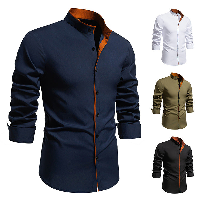 Herren Langarmhemd mit modernem Stehkragen und gesticktem Detail