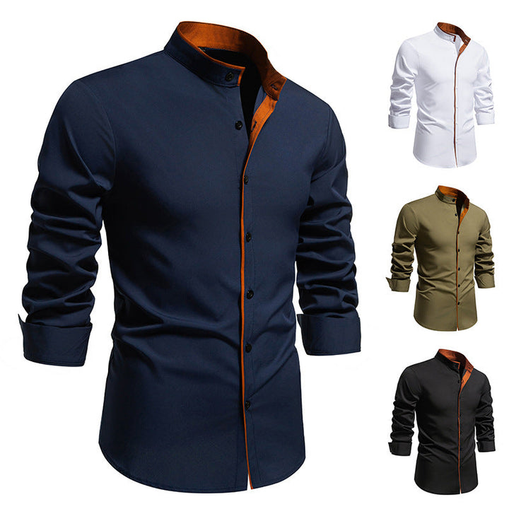 Herren Langarmhemd mit modernem Stehkragen und gesticktem Detail