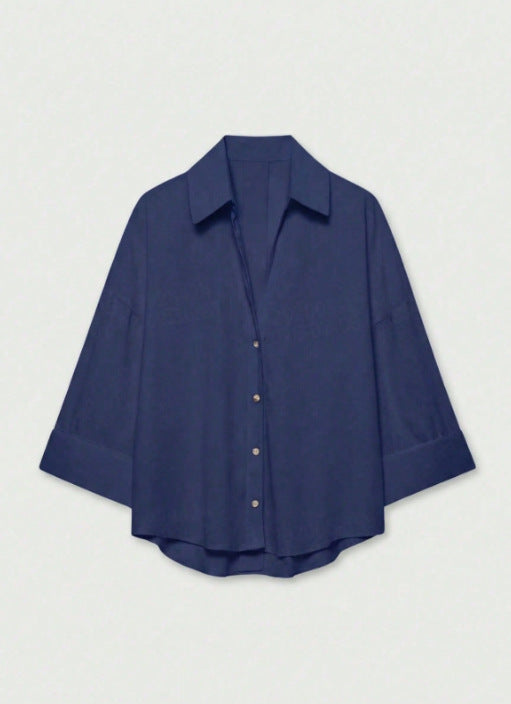 Damen Leichte Oversize Leinenoptik Bluse mit Dreiviertelärmeln und durchgehender Knopfleiste Nord Taschen
