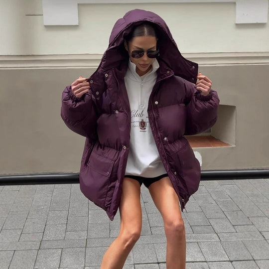Damen Oversize Steppjacke mit Kapuze und wattierter Thermofütterung Nord Taschen
