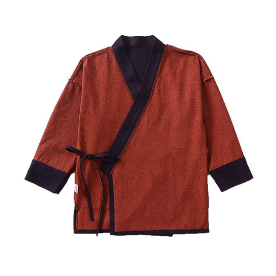 Unisex Leichte Wickel-Kimono-Jacke aus Leinen-Baumwollmix mit Kontrastbesatz und Bindegürtel Nord Taschen
