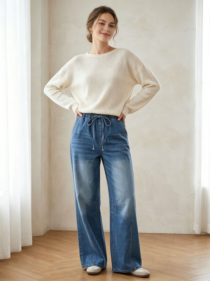 Damen Relaxed-Fit Denim-Hose mit elastischem Tunnelzugbund, dezentem Used-Effekt und weitem Bein Nord Taschen