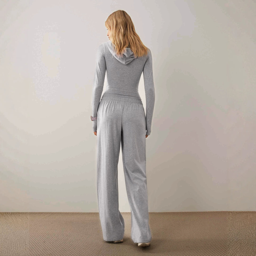 Damen Zweiteiliges Loungewear-Set geripptes Crop-Kapuzenoberteil mit Reißverschluss und Daumenloch sowie weiter Jogginghose Nord Taschen