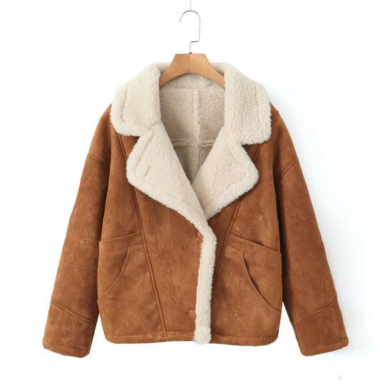 Damen Kurzgeschnittene Fliegerjacke aus Veloursimitat mit Teddyfutter und großem Revers Nord Taschen