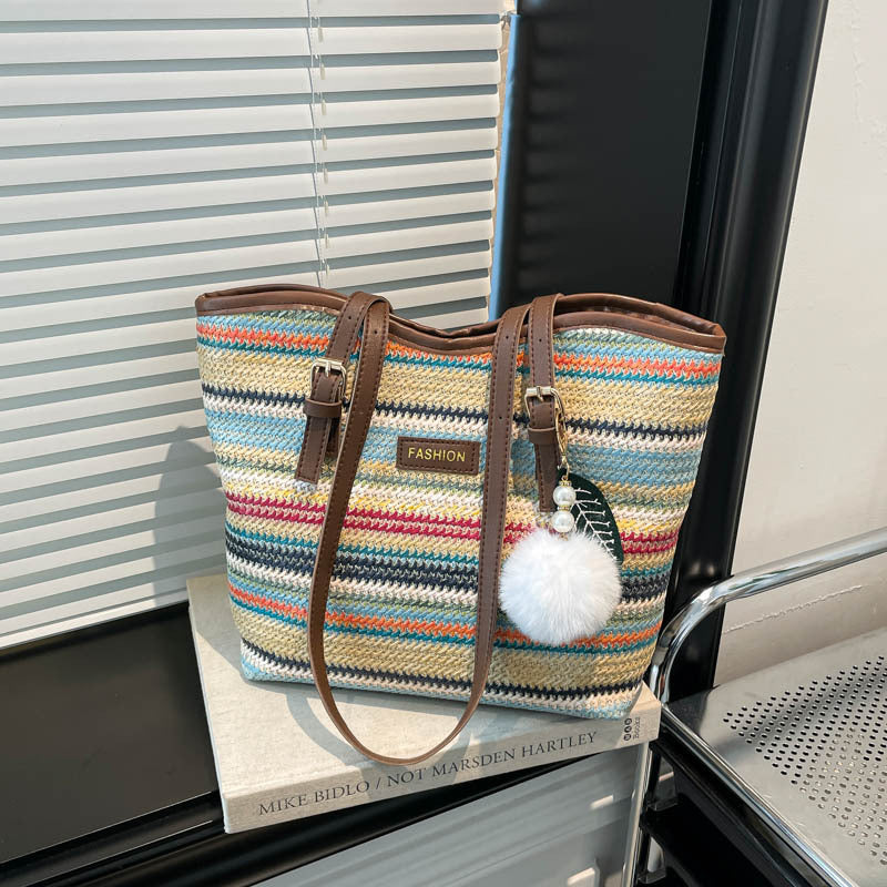 Damen Strandtasche mit bunten Streifen und Pompon Nord Taschen
