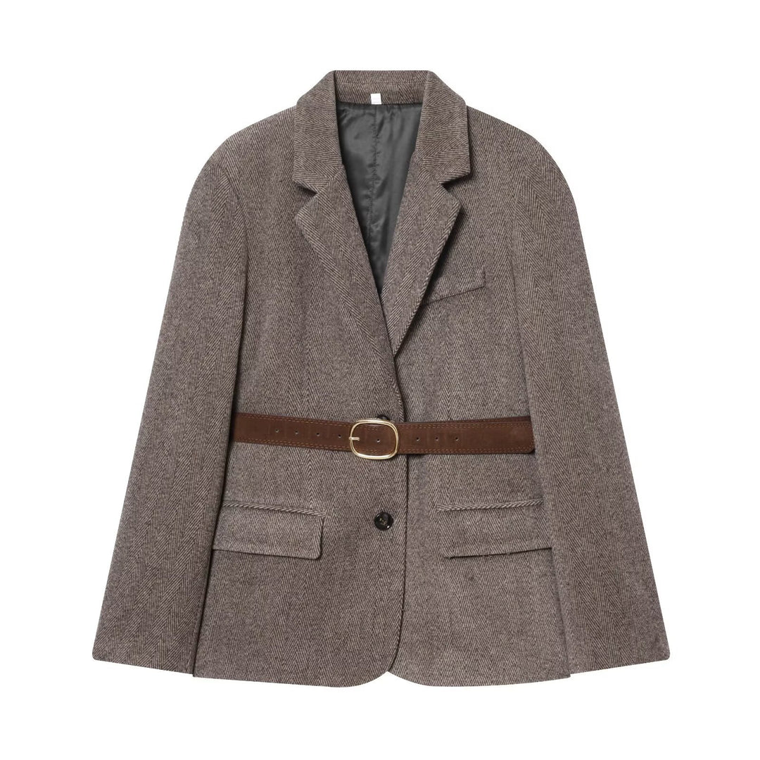 Damen Taillierter Herringbone-Blazer‑Mantel mit Bindegürtel Nord Taschen