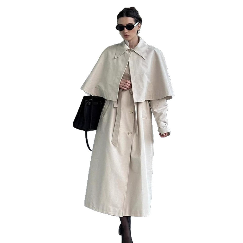 Damen Langer Taillierter Trenchcoat mit abnehmbarem Cape und Bindegürtel Nord Taschen