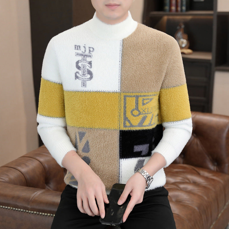 Herren Gemusterter Rollkragenpullover aus flauschigem Bouclé‑Mix mit Patch‑Intarsien Nord Taschen