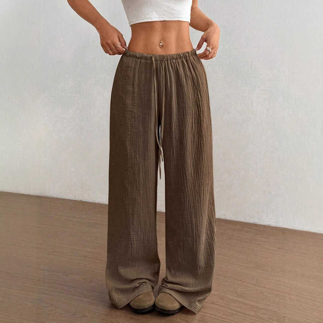 Damen Leichte Leinenoptik-Hose mit weitem Bein, Gummibund und Tunnelzug Nord Taschen