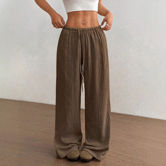 Damen Leichte Leinenoptik-Hose mit weitem Bein, Gummibund und Tunnelzug Nord Taschen