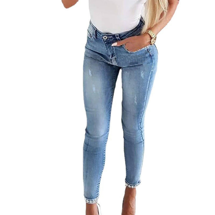 Damen Skinny Jeans mit Perlen- und Schleifendetails