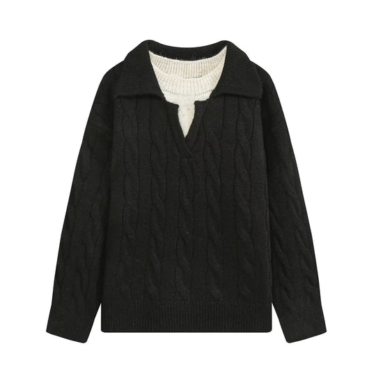 Damen Grobgestrickter Oversize-Pullover mit Polokragen und Zopfmuster Nord Taschen