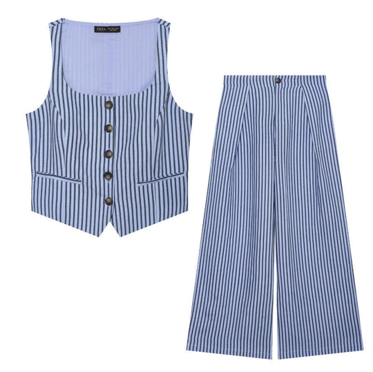 Damen Hochtaillierte weite Palazzo‑Hose mit Bundfalten, Bügelfalte und vertikalem Nadelstreifen Nord Taschen