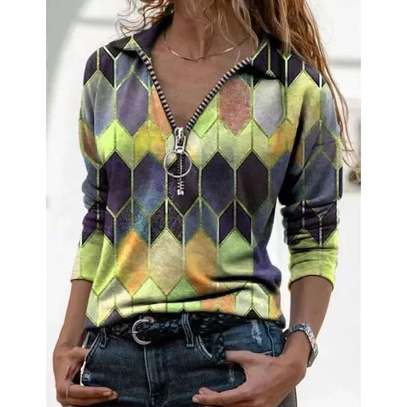 Damen Zip-Pullover mit Polokragen, grafischem Rautenprint und schmaler Passform Nord Taschen