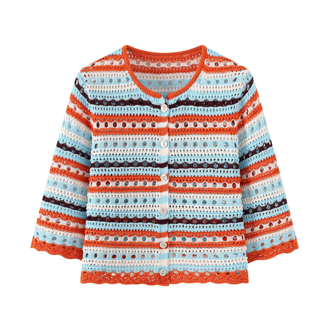 Damen Häkel-Cardigan mit Lochmuster, gestreifter Struktur und Dreiviertelärmeln Nord Taschen