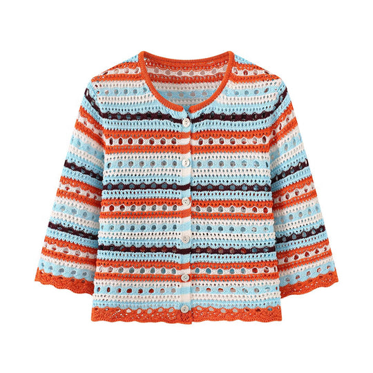 Damen Häkel-Cardigan mit Lochmuster, gestreifter Struktur und Dreiviertelärmeln Nord Taschen