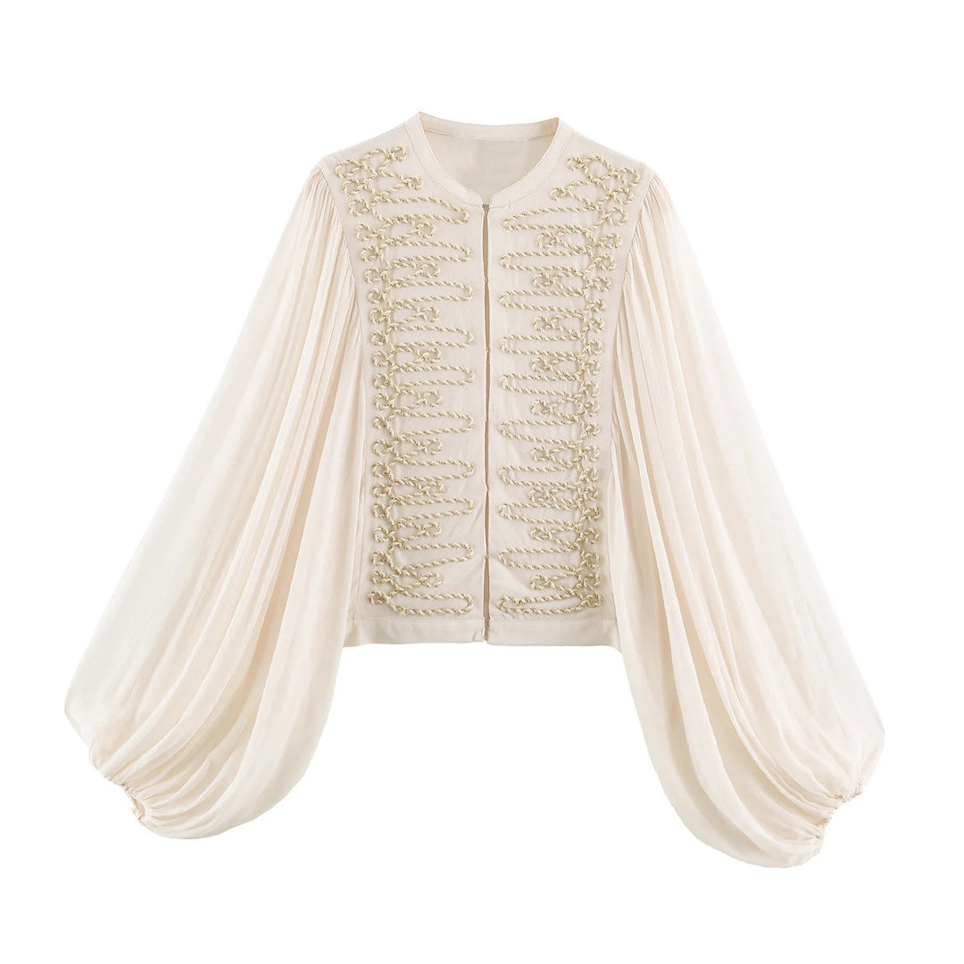 Damen Kurze Bluse‑Jacke mit dekorativer Kordelverzierung und voluminösen Plisseeärmeln Nord Taschen