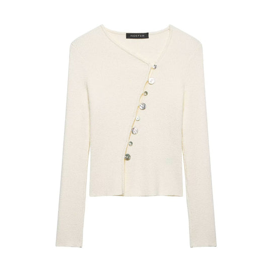 Damen Asymmetrische Bouclé-Strickjacke mit V-Ausschnitt und dekorativer Knopfleiste Nord Taschen