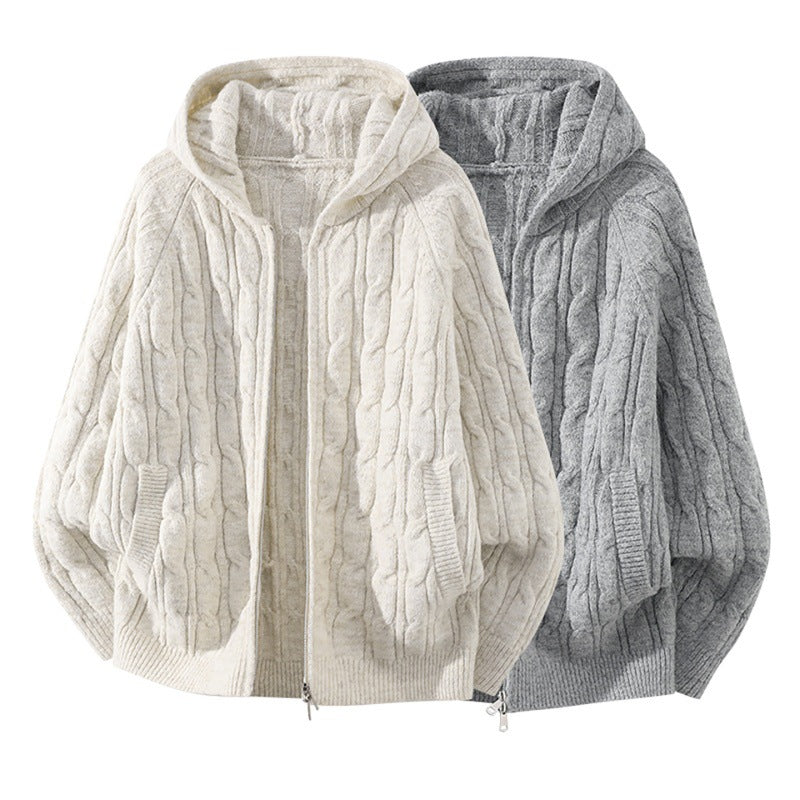 Damen Oversize Zopfstrick-Kapuzencardigan mit durchgehendem Reißverschluss und Ballonärmeln Nord Taschen