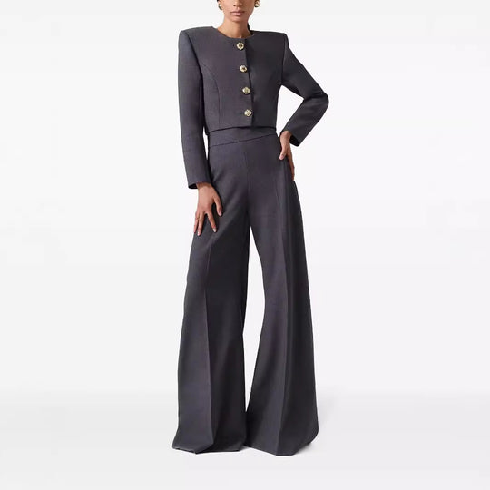 Damen Zweiteiliger Tailoring-Anzug Kurzblazer mit markanter Schulter und hochtaillierter Palazzohose Nord Taschen