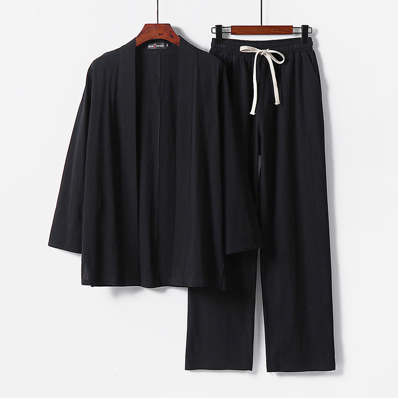 Herren Lockeres Kimono-Loungewear-Set aus leichter Baumwollmischung mit elastischer Kordelhose Nord Taschen