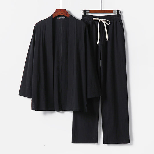 Herren Lockeres Kimono-Loungewear-Set aus leichter Baumwollmischung mit elastischer Kordelhose Nord Taschen