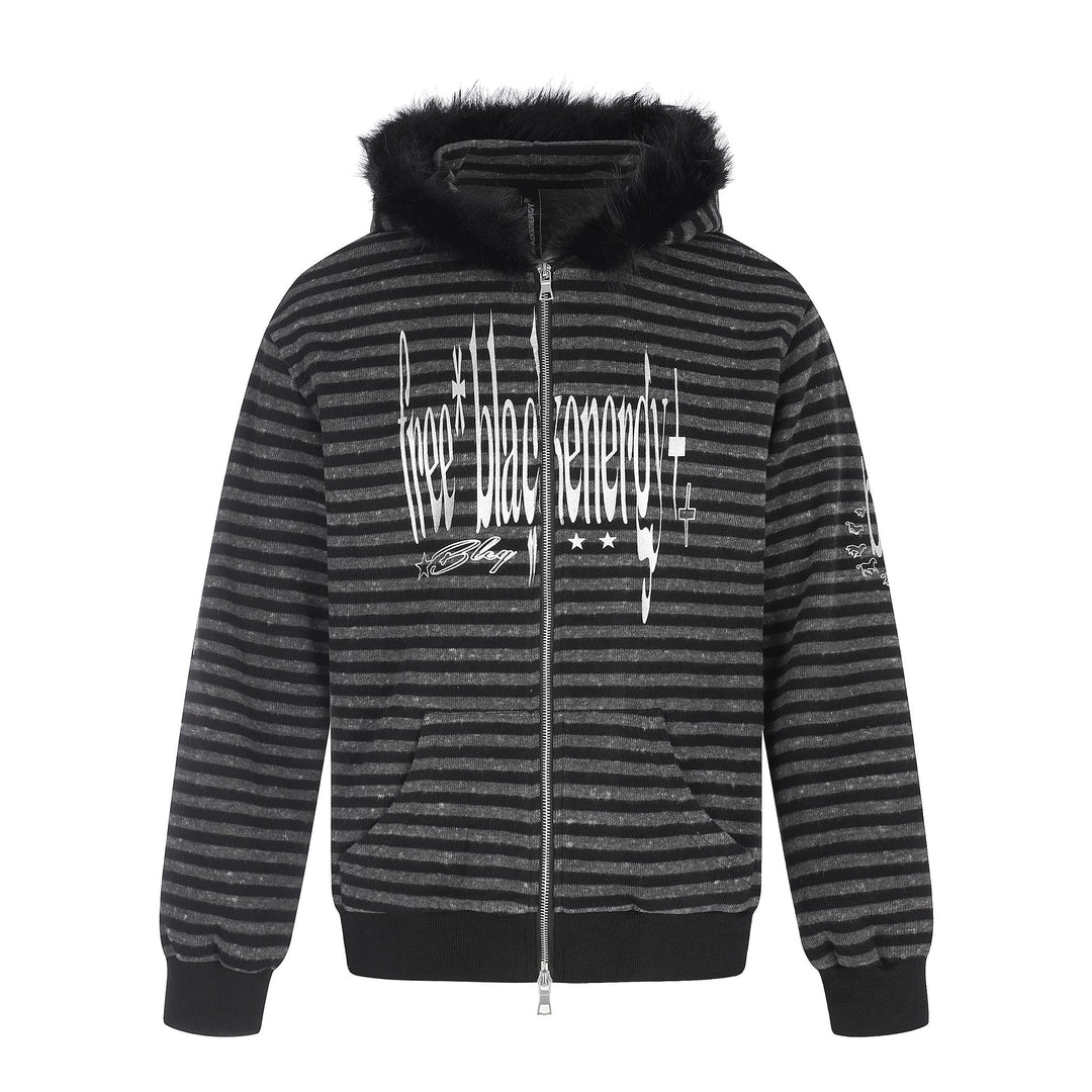 Unisex Kapuzenzipjacke mit Kunstfellbesatz, Streifenmuster und Frontprint Nord Taschen
