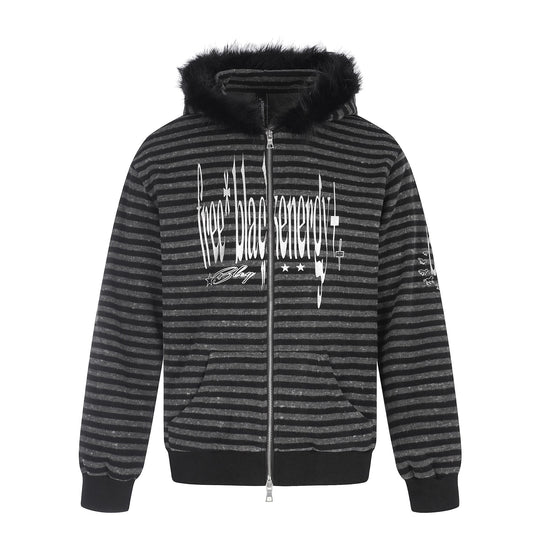 Unisex Kapuzenzipjacke mit Kunstfellbesatz, Streifenmuster und Frontprint Nord Taschen