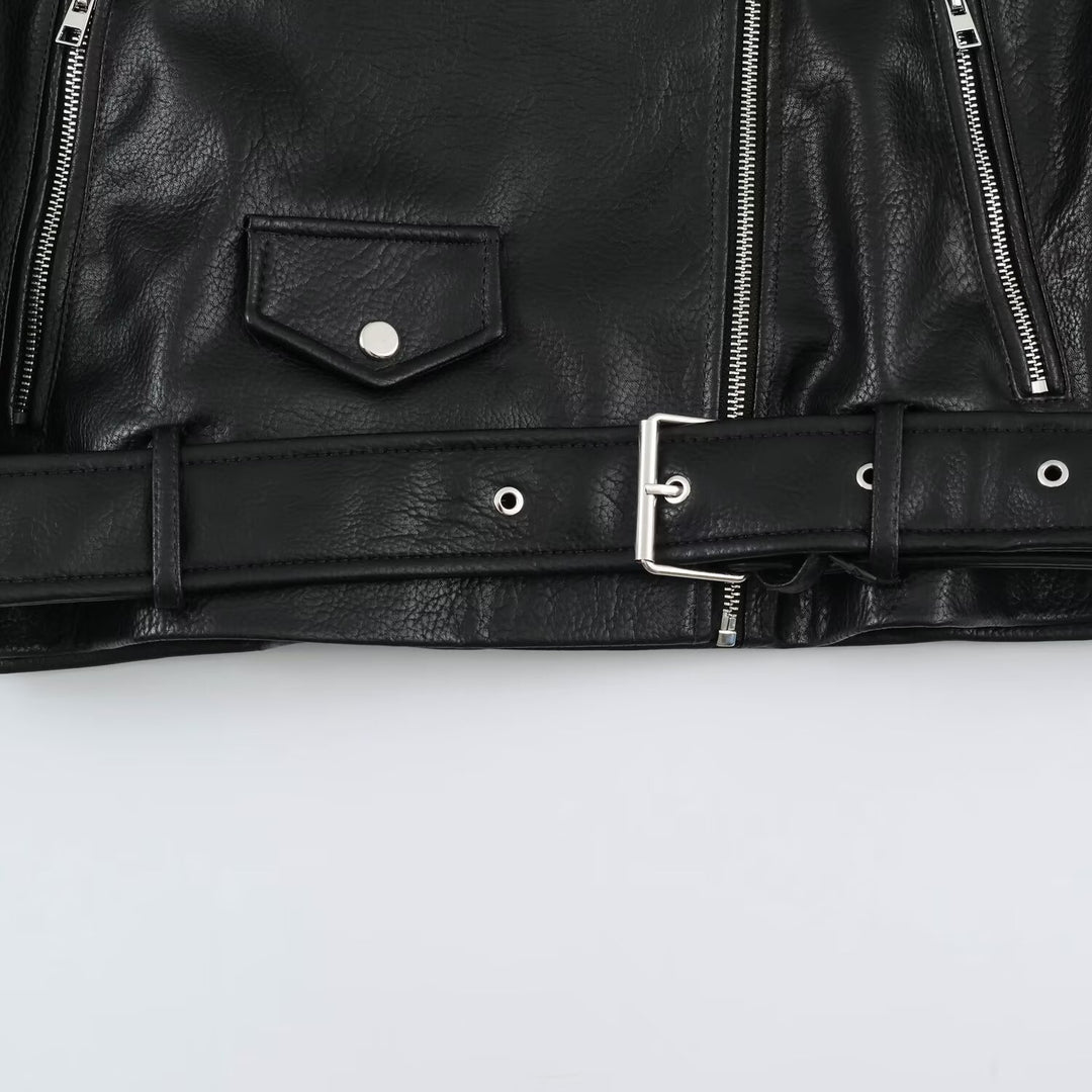 Herren Biker-Lederjacke mit hohem Stehkragen, Schulterklappen und Taillengürtel Nord Taschen