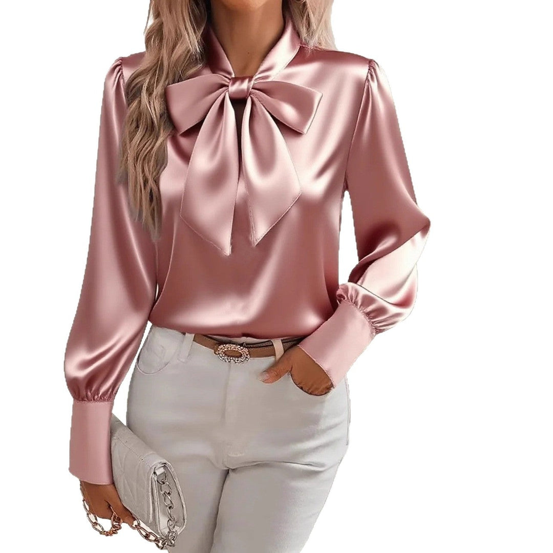 Damen elegante Satinbluse mit Schleifenkragen und Puffärmeln Nord Taschen