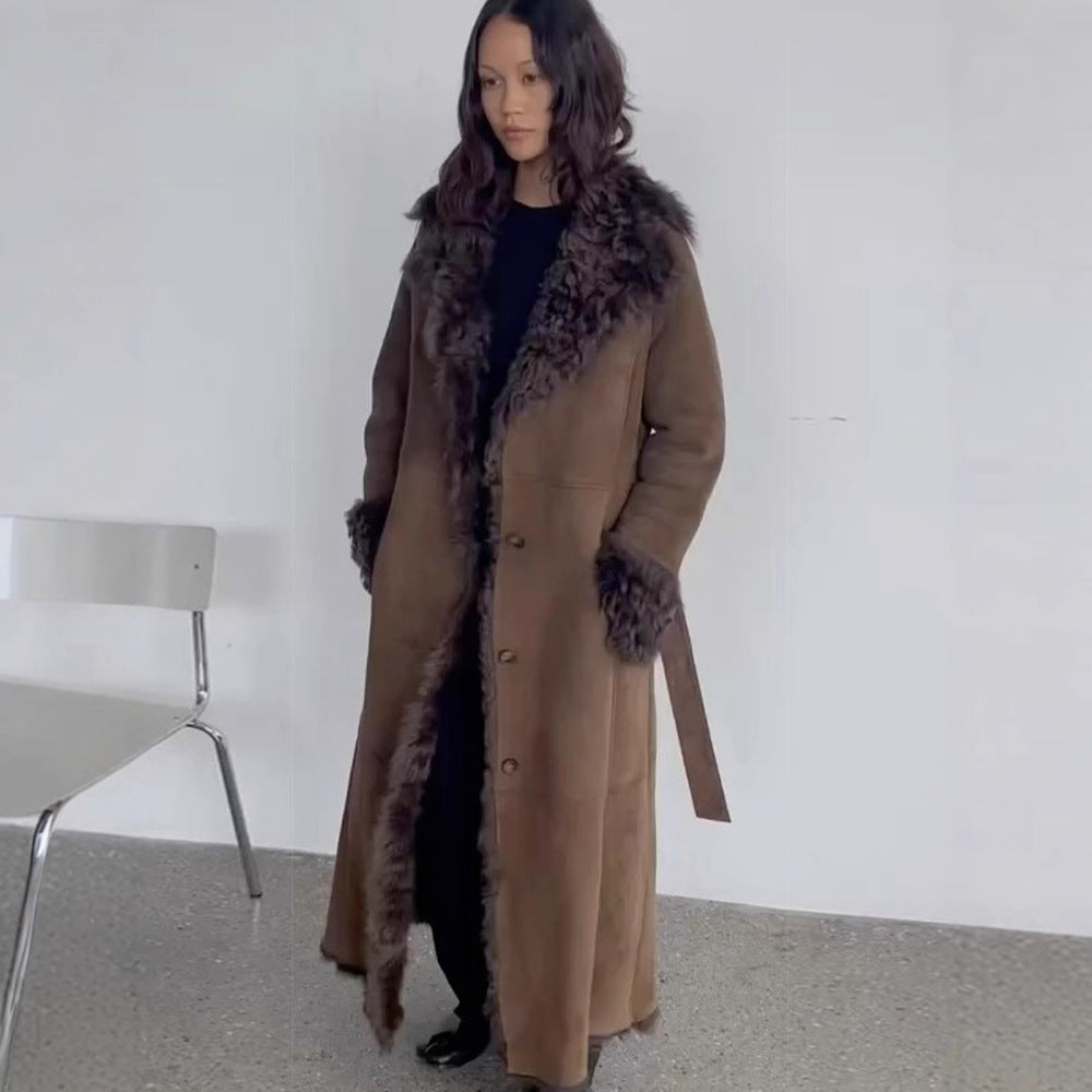 Damen Maxilanger Kunstvelours-Mantel im Shearling-Stil mit Schalkragen und Knopfleiste Nord Taschen