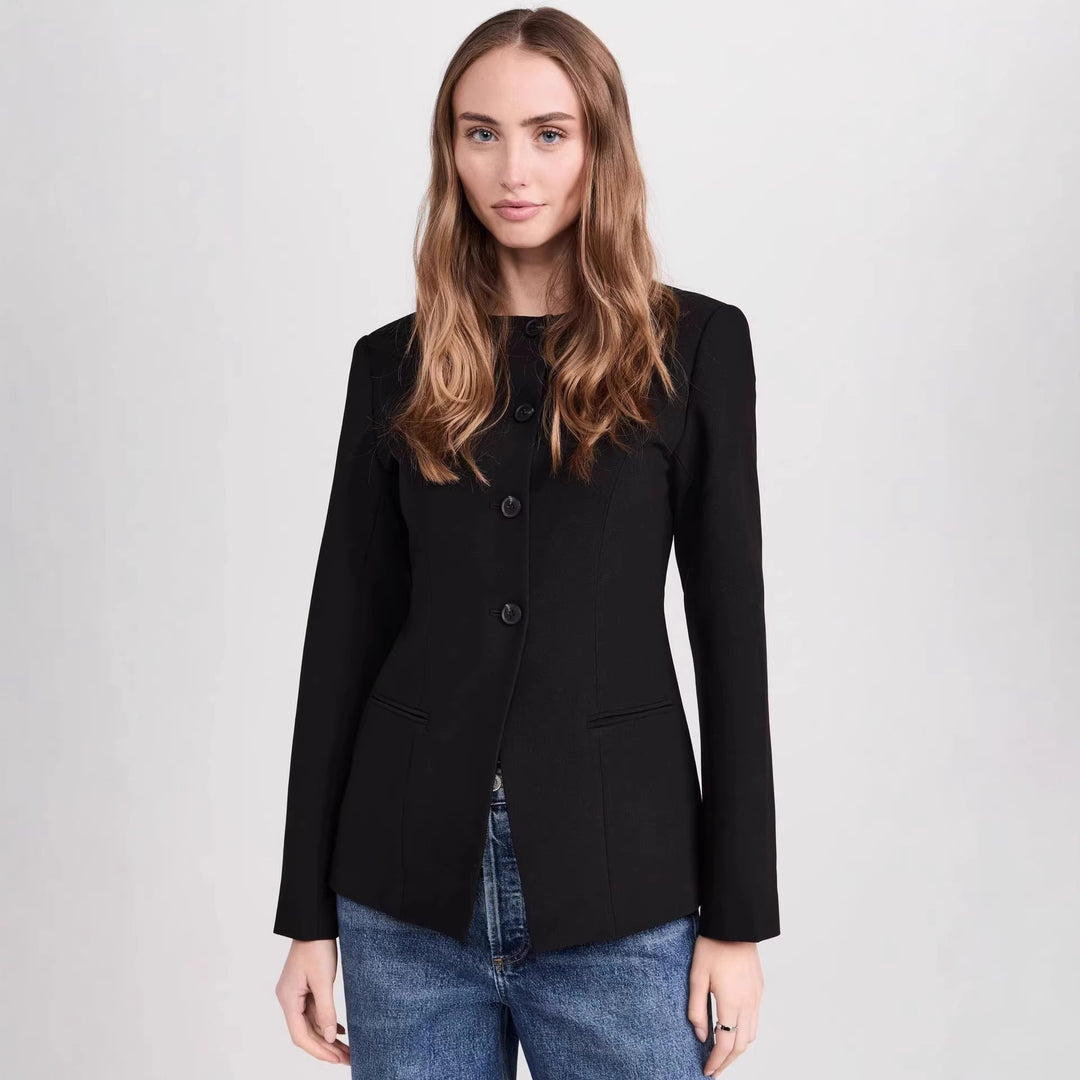 Damen Taillierter Kurzblazer mit Rundhalsausschnitt und mittiger Knopfleiste Nord Taschen