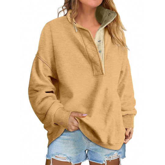 Damen Oversize-Henley-Sweatshirt mit Stehkragen und Druckknopfleiste Nord Taschen
