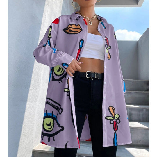 Damen Oversized Longbluse mit Pop‑Art‑Print, Hemdkragen und durchgehender Knopfleiste Nord Taschen