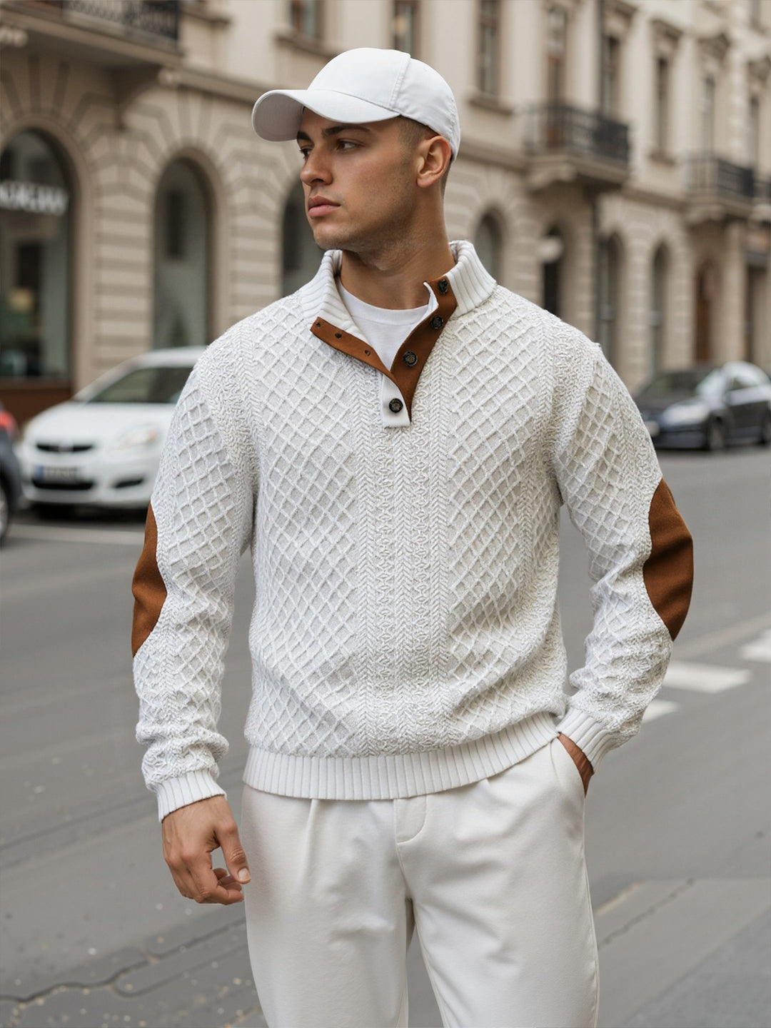Herren Troyer-Pullover mit Stehkragen, strukturierter Strickoptik und Kontrast-Ellbogenpatches Nord Taschen